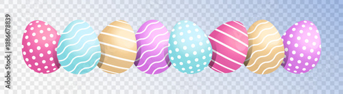 Easter cartoon flat 3d eggs vector illustration. Spring colorful egg with pattern, april holiday. Isolated on a PNG transparent background. Decorative gradient element for design, clipart, banner,etc.