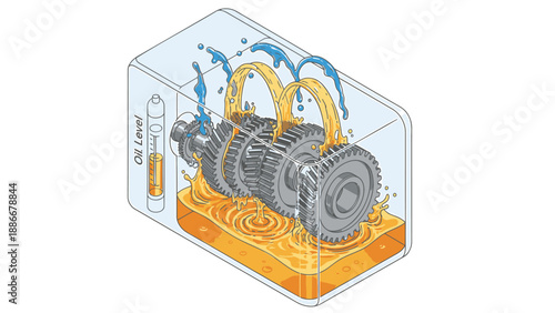 Gearbox with oil flow and cooling system in transparent industrial block diagram