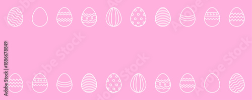 Easter banner with white eggs. Egg frame border. Spring april holiday, celebration. Pink background. Copy space. Decoration print, banner. Vector illustration. Flat design.