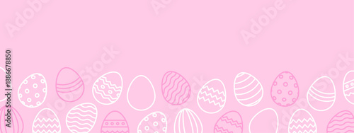 Easter banner with white pink eggs. Egg frame border. Spring april holiday, celebration. Copy space. Decoration print, banner, background. Vector illustration. Flat design.
