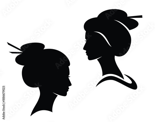 elegant japanese geisha profile with traditional pin decorated hair style - black and white vector silhouette asian woman head portrait