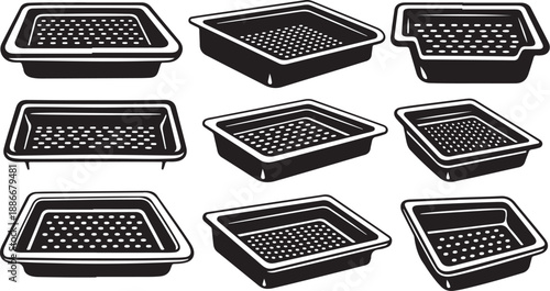 Collection of black plastic plant trays for seedlings and plants