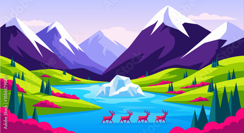 Vibrant cartoon illustration of a serene mountain landscape with a winding river and a herd of deer