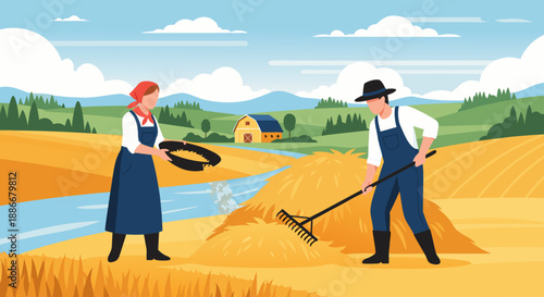 Farmers working in a field, harvesting hay with rakes, with a barn and hills in the background