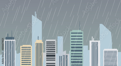 A cityscape under heavy rainfall, with tall modern buildings shrouded in a gray, stormy atmosphere and rain streaks visible against the overcast sky