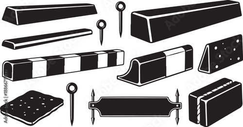 Black and white illustration of various metal parts collection