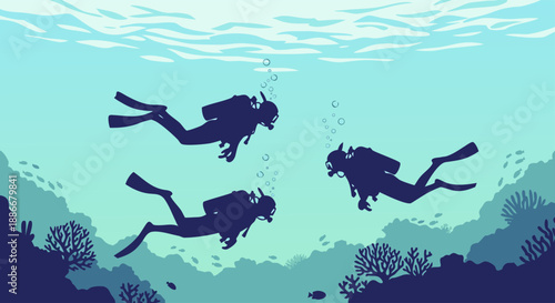 Scuba divers explore vibrant coral reefs in clear blue ocean waters, a captivating underwater adventure illustration