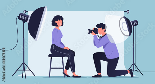 Professional photo shoot in studio with female model being photographed by a male photographer