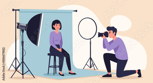 Professional photography studio setup with a photographer capturing a portrait of a model sitting on a stool