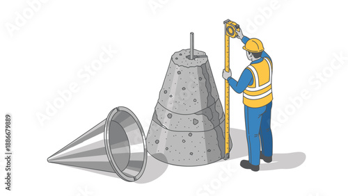Construction worker in safety gear examining large concrete cone structure with metal funnel on white background