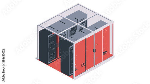 Isometric illustration of a server room with red and black cabinets and transparent walls