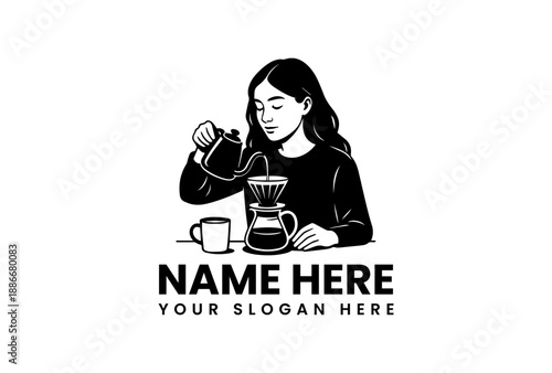 Black and white illustration of a woman pouring coffee into a cup with a coffee maker on a table.