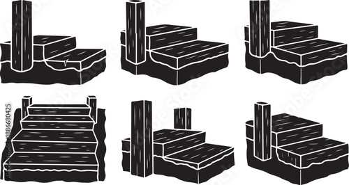 Black and white illustration of various staircase designs