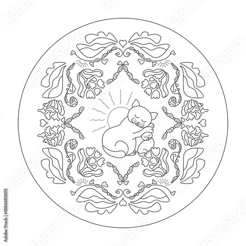 Mandala Coloring Page. Cats cuddling.