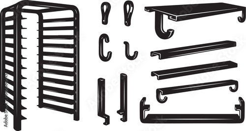 Black metal shelving unit and accessories on white background