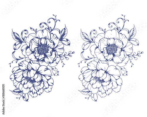 Vintage Peony Line Art. Trendy floral peony bouquets and flowers. Botanical Line Drawing Peony Collection. Hand drawn baroque flower bouquets. Peony Outline