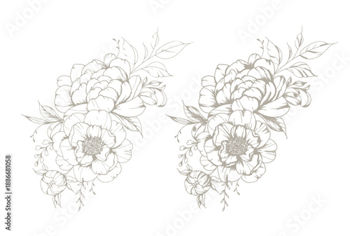 Vintage Peony Line Art. Trendy floral peony bouquets and flowers. Botanical Line Drawing Peony Collection. Hand drawn baroque flower bouquets. Peony Outline