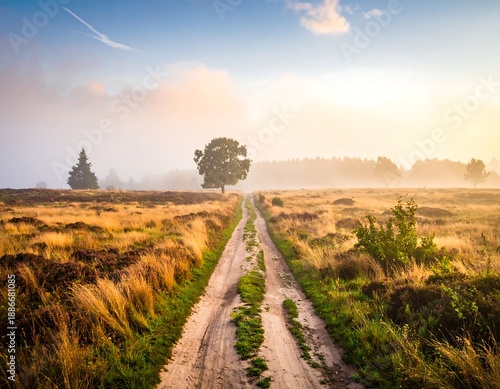 Wallpaper Mural Serene Path Through Heathland at Sunrise with Foggy Atmosphere. Torontodigital.ca