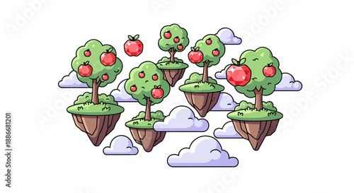 Collection of cartoon apple trees on floating islands in the sky.