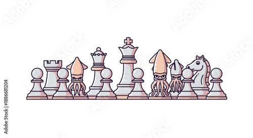 A whimsical lineup of chess pieces mixed with creative squid figures.