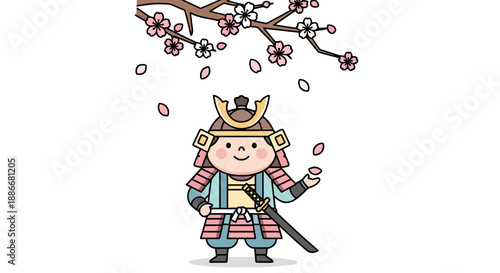 Cute cartoon samurai child in traditional Japanese armor with a katana sword.