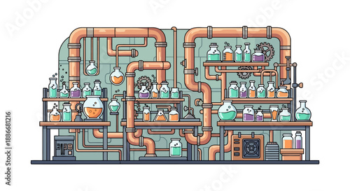 Elaborate cartoon chemical laboratory with intricate pipes and glassware.