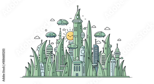 Imaginative Green Urban Landscape with Plant-Like Skyscrapers and Flying Vehicles.