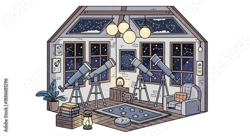 Charming illustrated attic observatory with telescopes for stargazing.