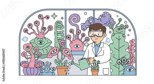Cartoon scientist in a lab coat watering bizarre alien plants with eyes.