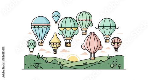A diverse collection of stylized hot air balloons in a clean line art illustration.