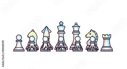 A complete set of chess pieces in a stylized line art illustration.