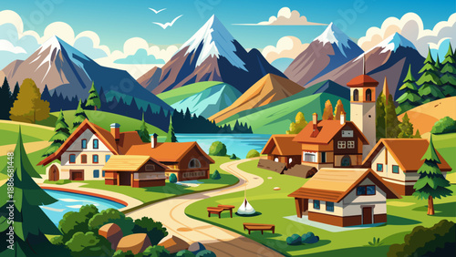 Very beautiful alpine village in Bavaria with traditional wooden houses, mountain backdrops, and clear skies, creating a peaceful and authentic German countryside atmosphere.