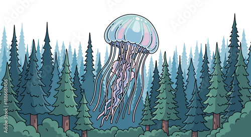 Detailed hand-drawn illustration of a large jellyfish floating.