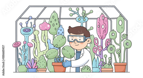 Young scientist in a lab coat and goggles studying strange alien plants.