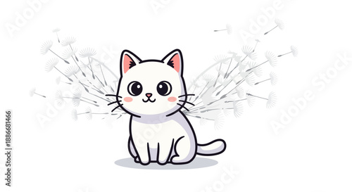 Adorable white kawaii cat character sitting happily.