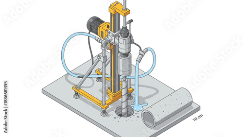 Industrial drilling machine with yellow frame and blue tubes on gray platform