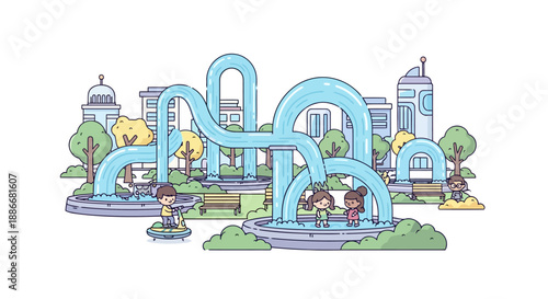 Futuristic Water Tube Playground Structure in a City Park Illustration.
