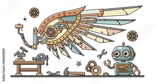 Cute robot engineer building a large mechanical steampunk wing.