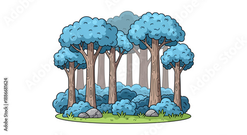 Vibrant cartoon forest grove with blue trees and bushes isolated on white.