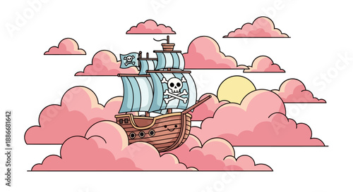 Cartoon pirate ship with skull and crossbones sails vector illustration.