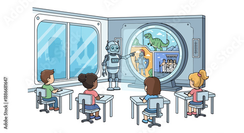 Robot teacher instructing young students in a futuristic classroom setting.