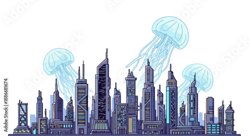 Surreal futuristic cityscape with giant jellyfish floating above modern skyscrapers.