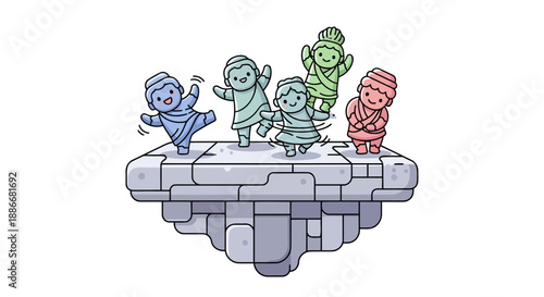Cute Colorful Cartoon Mummies Dancing Happily on a Stone Platform.