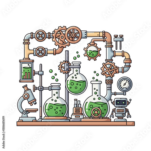 Intricate cartoon science laboratory with flasks and machinery.