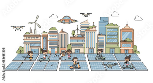 Diverse group of children learning with drones and laptops on solar panels.