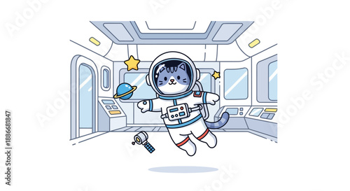 Adorable cartoon cat astronaut floating in a spacesuit.