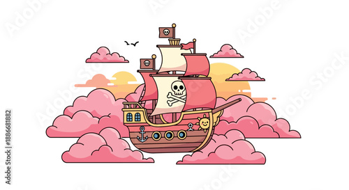 A whimsical cartoon pirate ship with a Jolly Roger flag sailing.