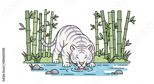 Illustrated white tiger drinking water from a calm pond.