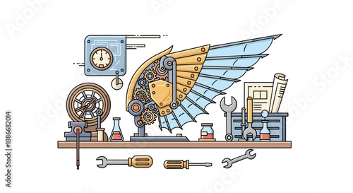 Steampunk mechanical wing under construction on an inventors workbench.