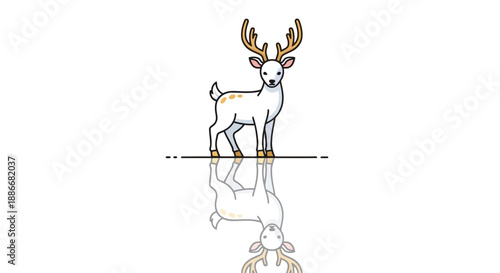 Cute cartoon deer with golden antlers and its reflection on a white background.